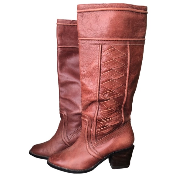 Fossil Shoes - Fossil leather heeled tall boots red woven distressed